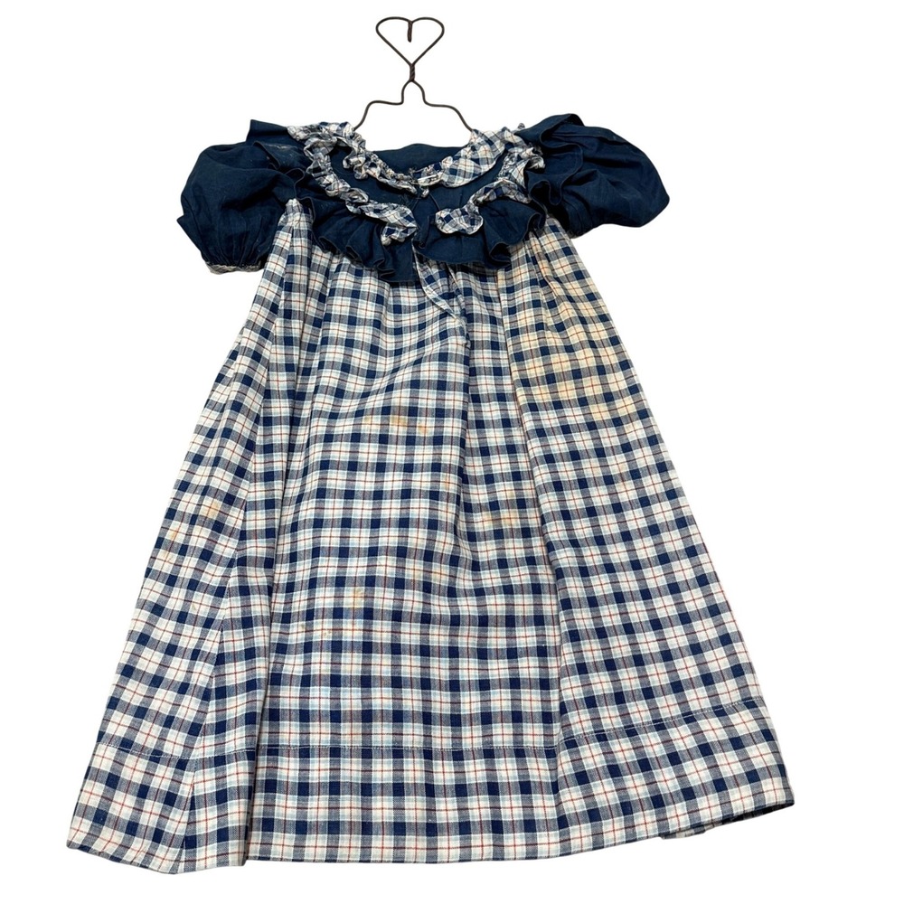 Vintage Plaid Doll Dress Hanging Ornament Ruffle Navy Blue 19 inch Decorative